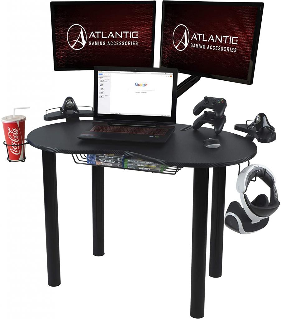 Atlantic Eclipse Gaming Desk – Gaming/Working/Studying Desk, Durable Carbon Fiber-Style Desktop, Integrated Gaming Gadget Storage, Speaker Stands, Cable Management, Cup Holder, PN 82050334 – Black : Home & Kitchen - Amazon.com