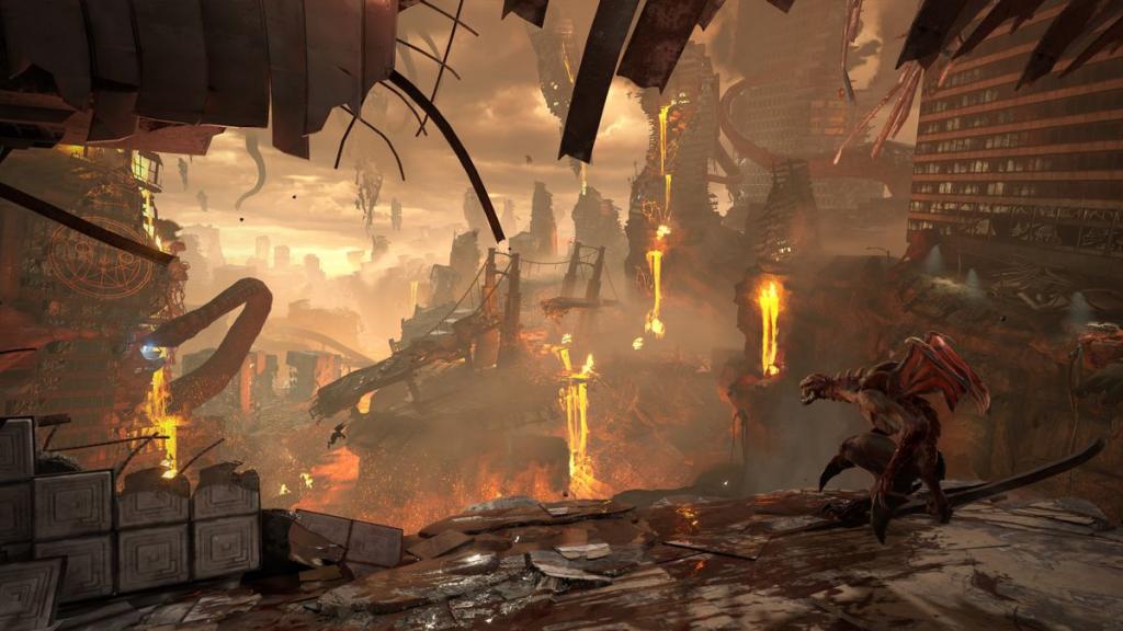 a demon with wings looks over a dystopian environment in Doom Eternal